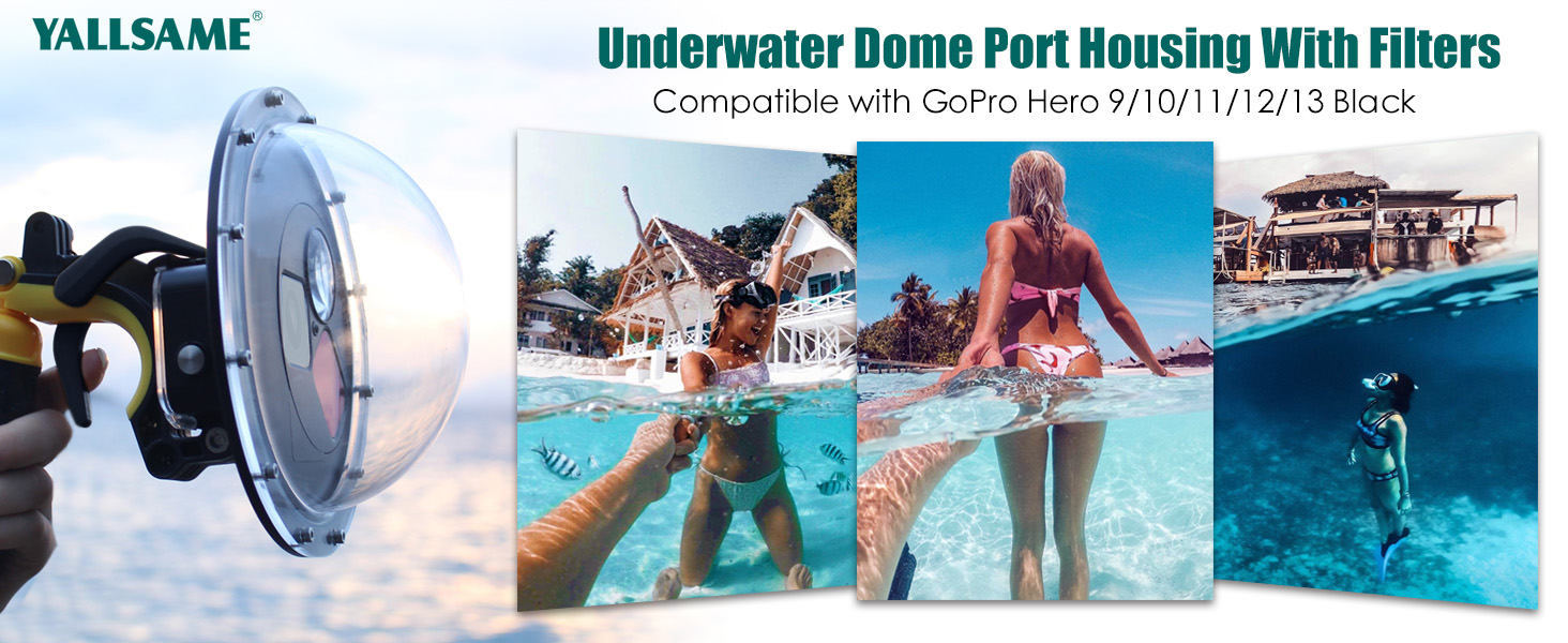 Text reads: 'Underwater Dome Port Housing With Filters'. Series of underwater photography shots showing various angles of waterproof camera housing in action.