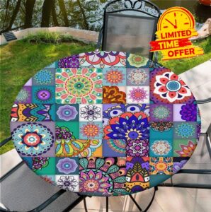 Round Fitted Tablecloth with Elastic Edge Design Waterproof Outdoor Fitted Table Cover Wipeable Table Cloth for 60" Round Tables - Vintage Datura
