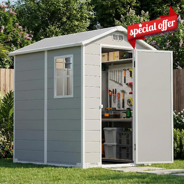 4x6 FT Plastic Garden Shed with Floor | Outdoor Storage Shed Waterproof with Lockable Door