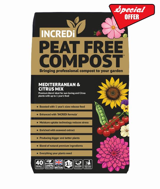INCREDiPeatFree Premium Mediterranean & Citrus Compost 40L with 120g Incredibloom Plant Fertiliser Peat Free Grow Medium
