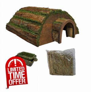 Selections Wooden Barkwood Hedgehog House With Ceramic Food & Water Dish Set & Nesting Straw