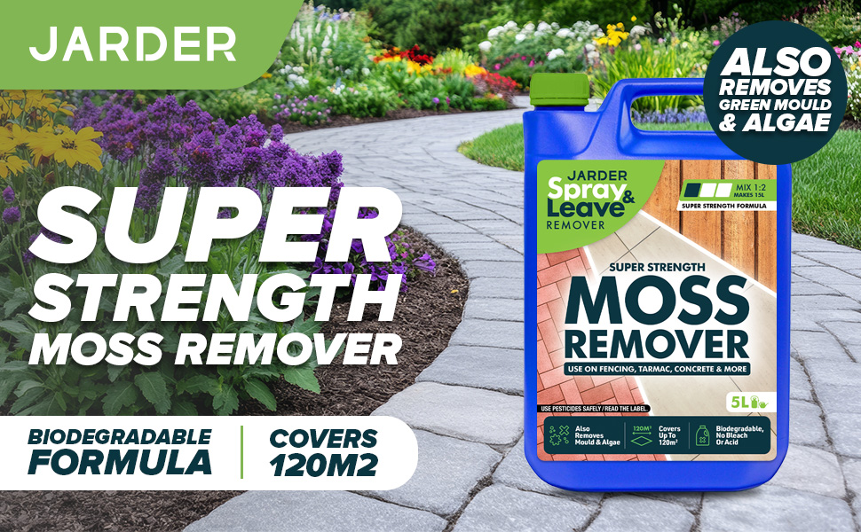 Text reads 'JARDER SUPER STRENGTH MOSS REMOVER' 'ALSO REMOVES ALGAE' 'BIODEGRADABLE' 'COVERS 120M2'. Product packaging showing moss removal solution bottles in blue and green colors.