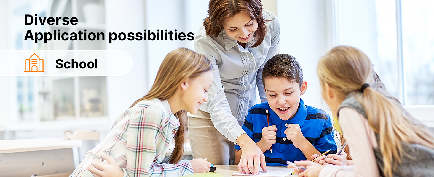 Text reads 'Diverse Application possibilities' and 'School'. Images showing educational setting with students engaged in learning activities.