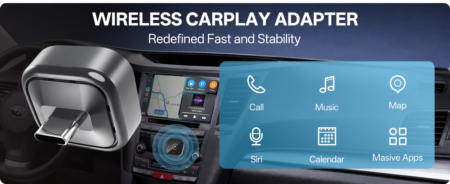 Text reads 'WIRELESS CARPLAY ADAPTER'. Blue interface screens showing various car entertainment system functions including music, calls, and navigation icons.