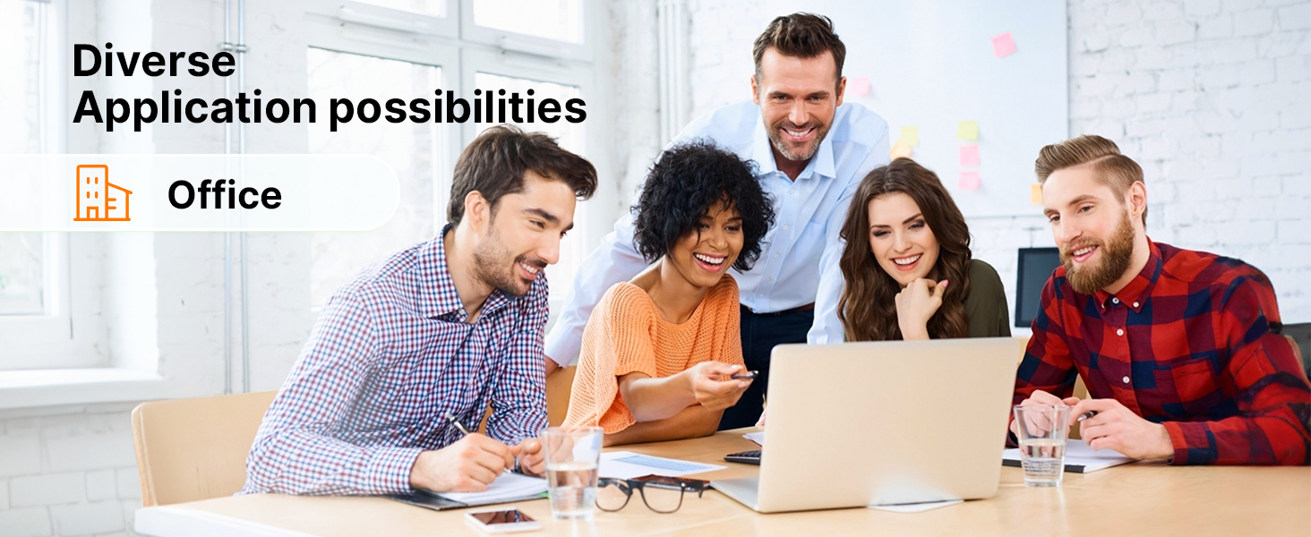 Text reads: 'Diverse Application possibilities: Office'. Group of people collaborating around a laptop in an office setting, showing workplace collaboration.
