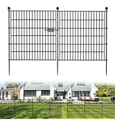 Black metal garden fence panels shown in various configurations and installation scenarios, including residential setting with white houses.