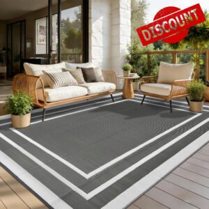 Outdoor Rugs for Patios Grey 150x245cm Waterproof Plastic Picnic Blanket Reversible Garden Rugs Outdoor UV Resistant Lightweight Camping Mat for Beach Balcony Deck Backyard RV BBQ