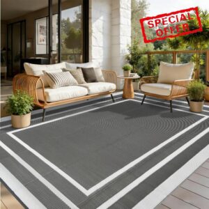 Large Outdoor Rug for Patios Grey 245x305cm Waterproof Plastic Picnic Blanket Reversible Garden Rugs Outdoor UV Resistant Lightweight Camping Mat for Beach Balcony Deck Backyard RV BBQ