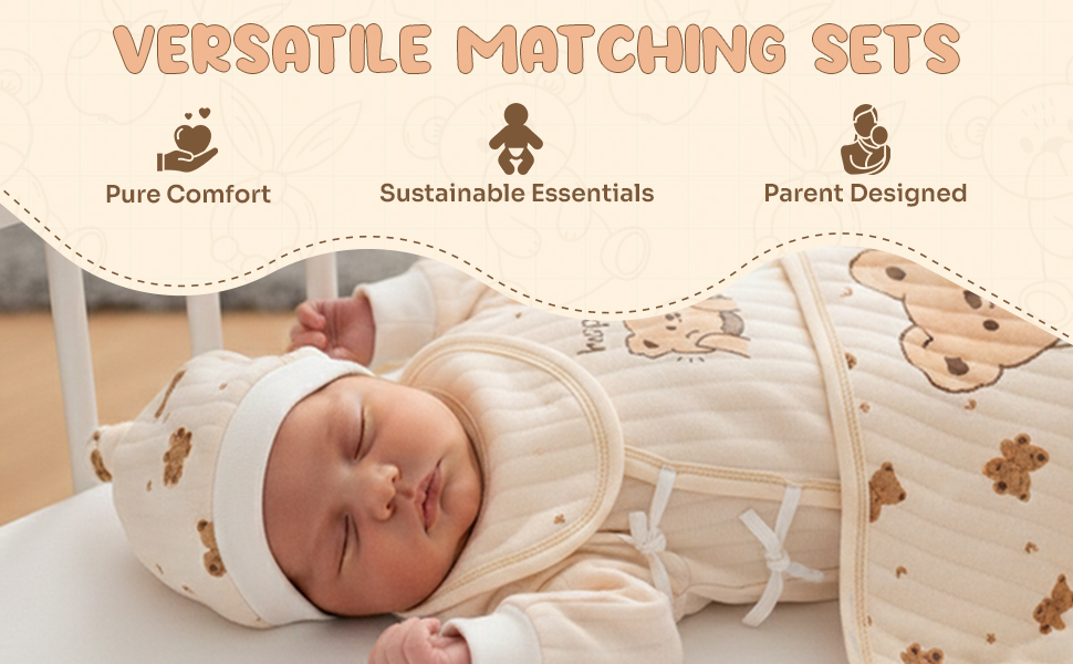 Text reads 'VERSATILE MATCHING SETS'. Baby clothing collection showing organic cotton sets with teddy bear prints. Icons show 'Pure Comfort', 'Sustainable Essentials', 'Parent Designed'.