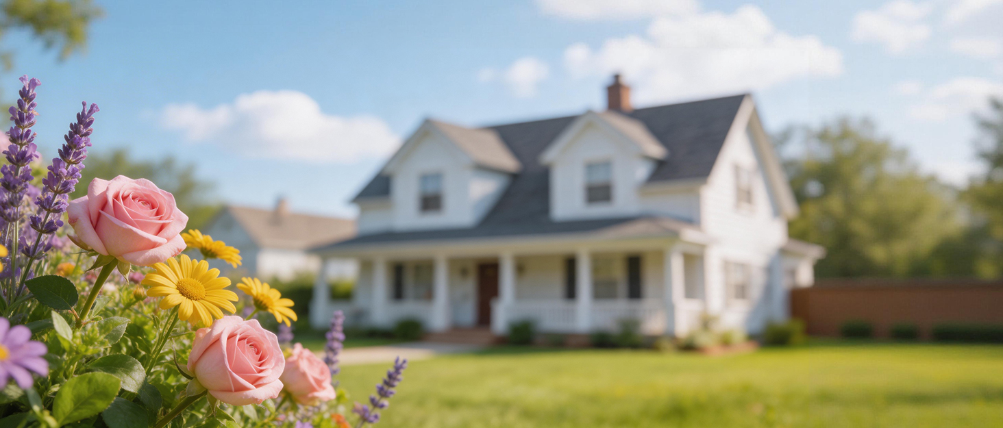 Series of residential landscape images showing white house exteriors with well-maintained gardens featuring pink roses, purple lavender, and yellow flowers.
