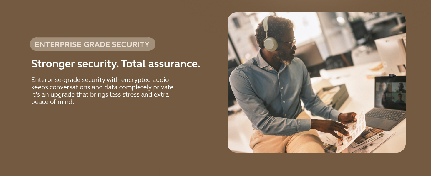 Text reads 'Stronger security, Total assurance'. Multiple panels showing security-related imagery and technical specifications for an electronic device.