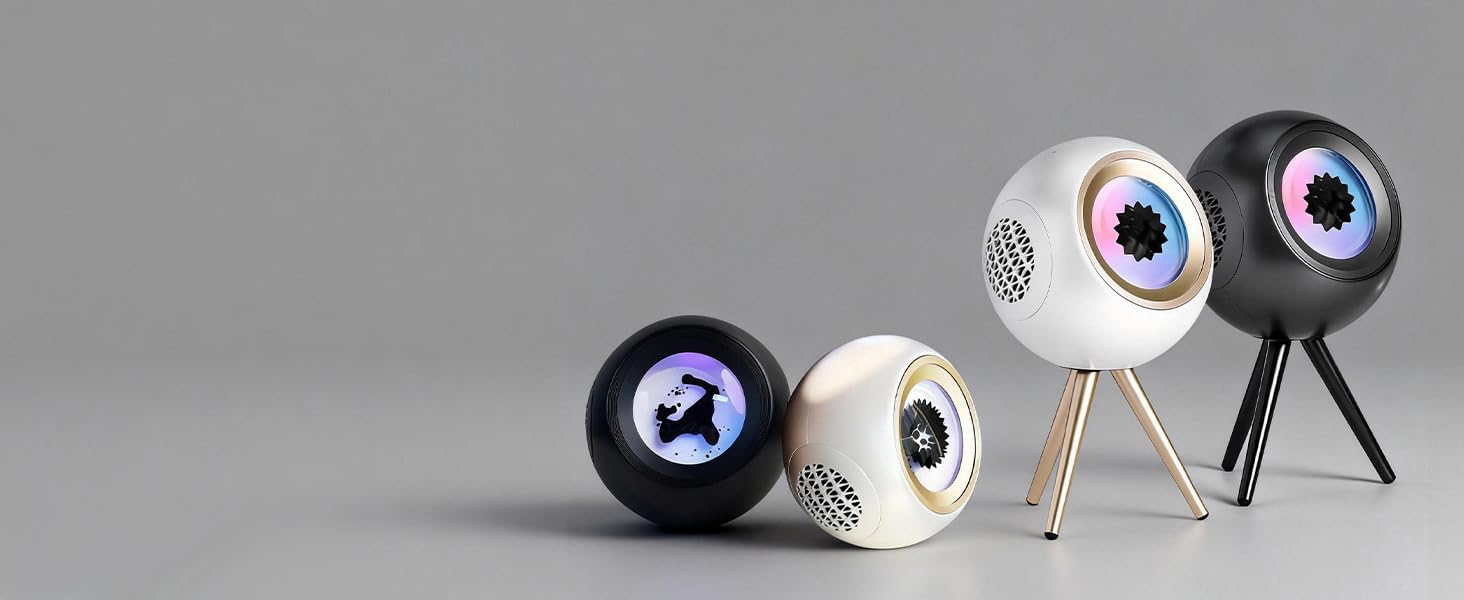 Collection of spherical white electronic devices with distinctive eye-like blue and red LED displays, shown on gray background with reflective surface.