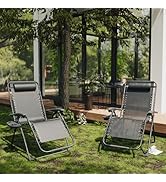 Multiple views of black mesh zero gravity lounge chairs in outdoor garden or patio setting, surrounded by greenery and wooden decking.