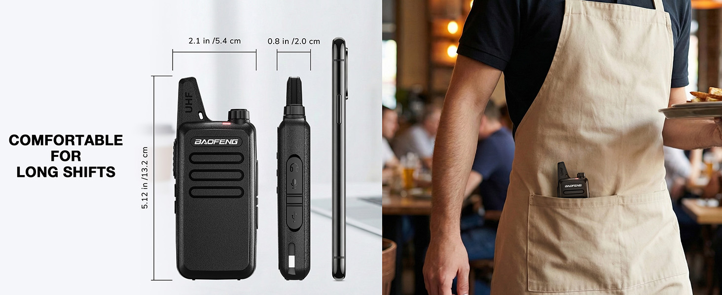 Text reads 'COMFORTABLE FOR LONG SHIFTS'. Product dimensions diagram of two-way radio/walkie-talkie shown alongside person wearing device on belt.