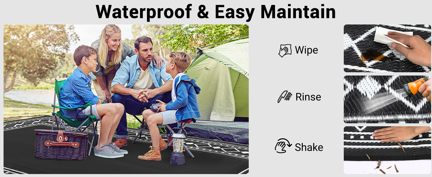 Text reads 'Waterproof & Easy Maintain'. Series of product demonstration images showing washing and maintenance steps including 'Wipe' and 'Rinse' instructions.