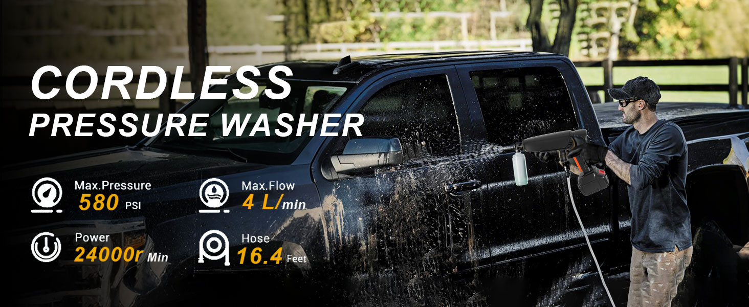 Text reads: 'CORDLESS PRESSURE WASHER'. Product interface showing battery indicators and power settings displayed with digital icons and measurements.