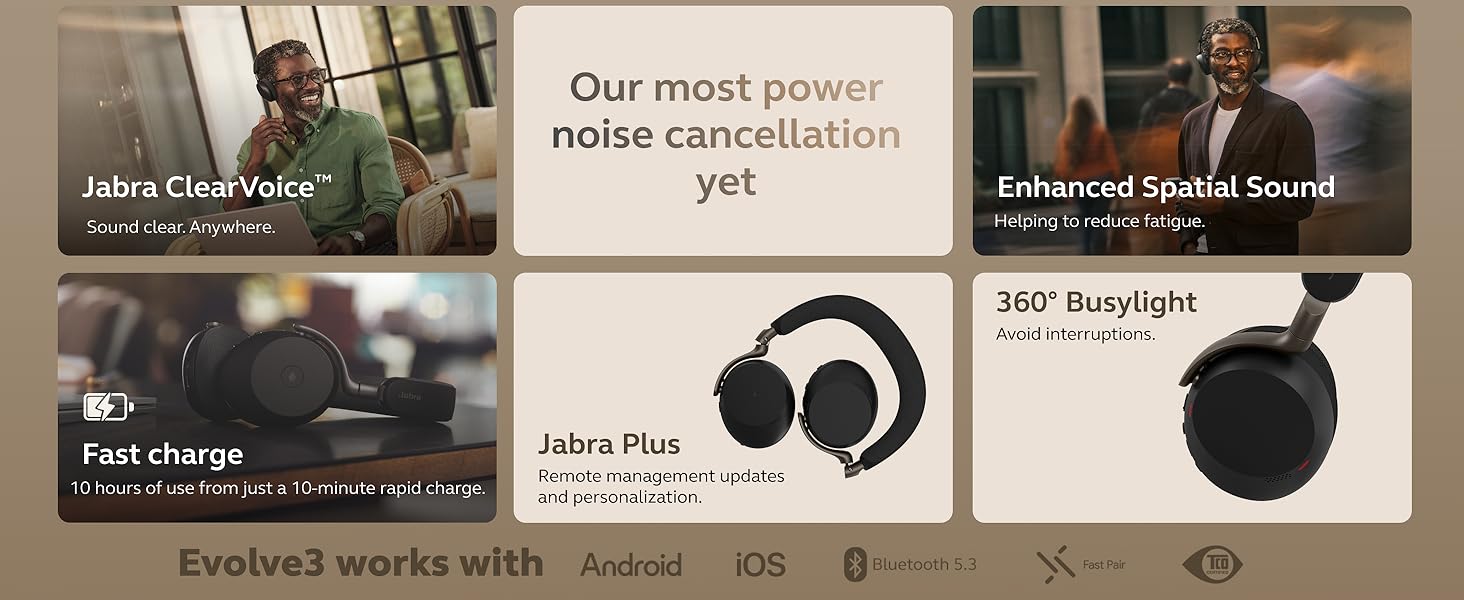 Text reads 'Our most power', 'Micro Clear Voice', 'noise cancellation', 'yet', 'Enhanced Spatial Sound', '360&deg; BrightVue', 'Fast charge'. Product interface showing multiple feature icons.