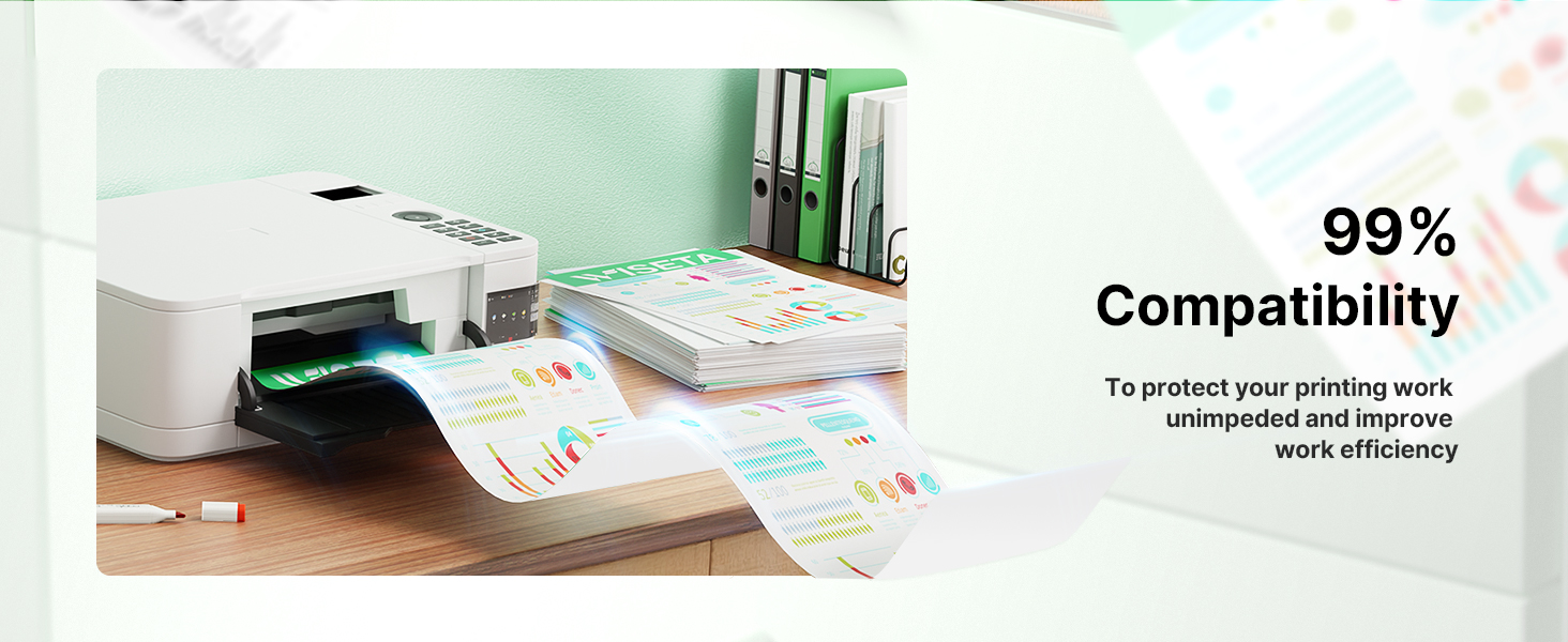 Text reads 'Compatibility' and '99% work efficiency'. Office or workspace setting with documents and writing materials on desk surface.