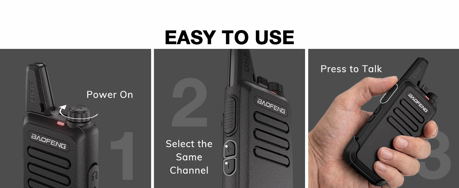 Text reads 'EASY TO USE' with three instructional panels showing 'Power On', 'Select the Scene', and 'Press to Talk' steps for using a handheld radio device.