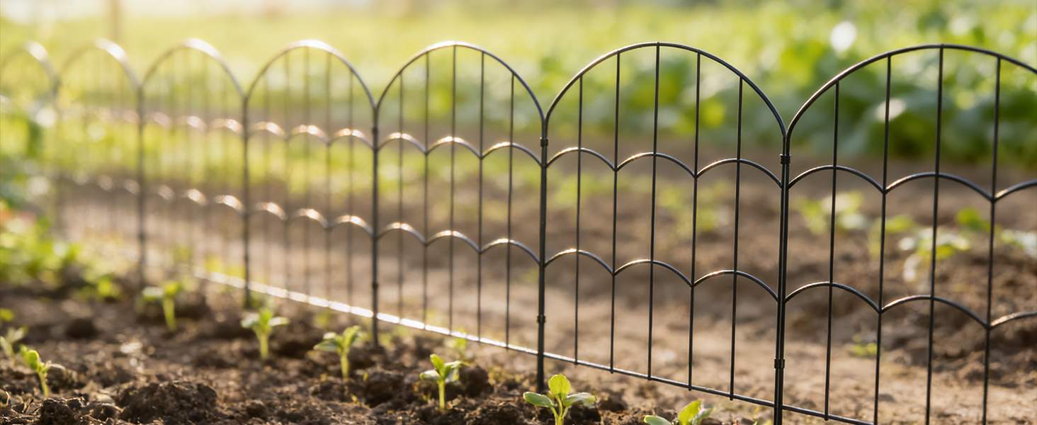 Decorative metal garden border fence installed in soil, showing curved arch pattern design across multiple connected sections.