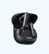 Black wireless earbuds with curved stems and a matching square charging case with rounded corners. The earbuds are displayed separately from the open case.