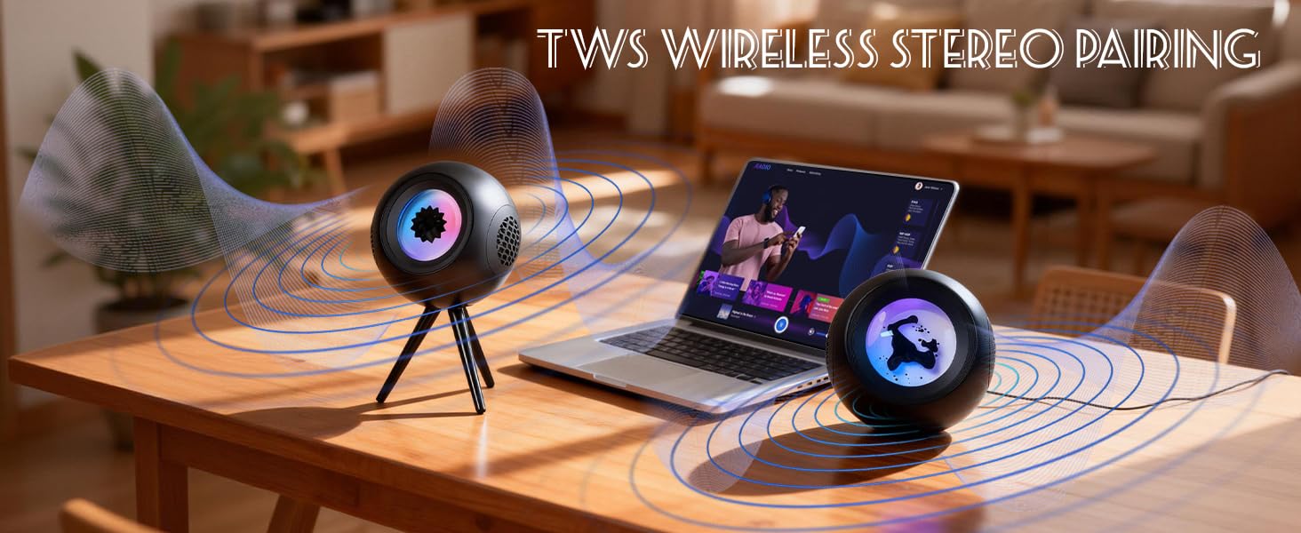 Text reads 'TWS WIRELESS STEREO PAIRING'. Multiple product shots show spherical speaker with illuminated elements on wooden surface in different angles.