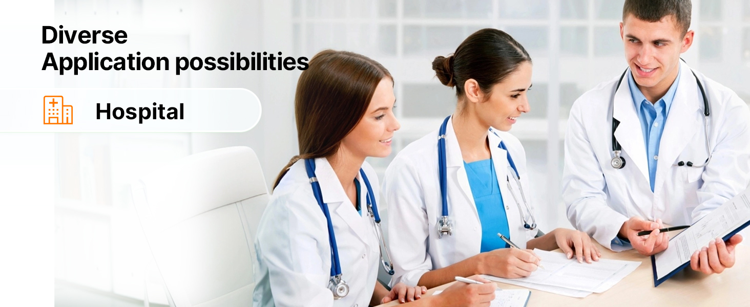 Text reads 'Diverse Application possibilities' and 'Hospital'. Healthcare professionals in white coats reviewing medical information on digital devices.