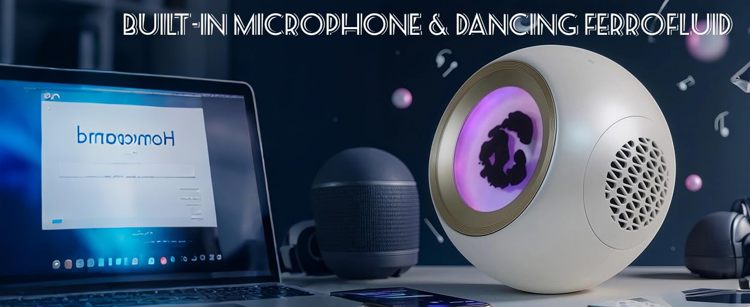 Text reads 'BUILT-IN MICROPHONE & DANCING FERROFLUID' and 'bmasmart'. Futuristic spherical speaker device with illuminated display in dark setting.