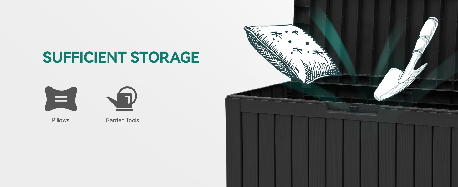 Product demonstration showing outdoor storage containers with icons indicating features like water resistance, lock system, and weather protection.