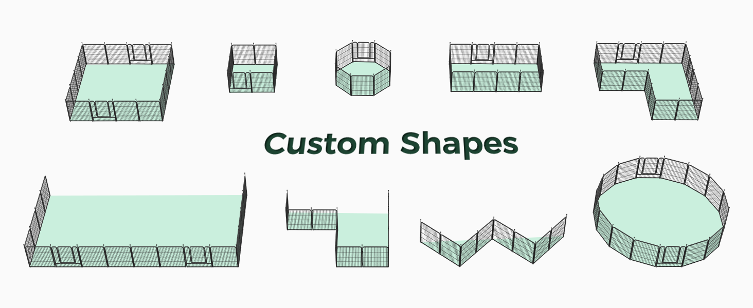 Text reads 'Custom Shapes'. Technical diagram showing various geometric configurations and layout options in light blue or mint color.