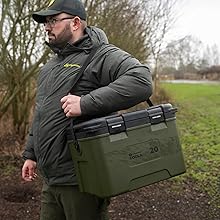Multiple angles of an olive green protective equipment case or storage box with handle and latches, showing open and closed positions.
