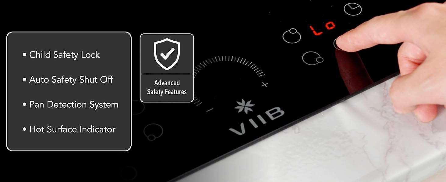 Close-up images of electronic interface features, showing icons for 'Click Safety Lock' and other safety-related indicators on a dark surface.