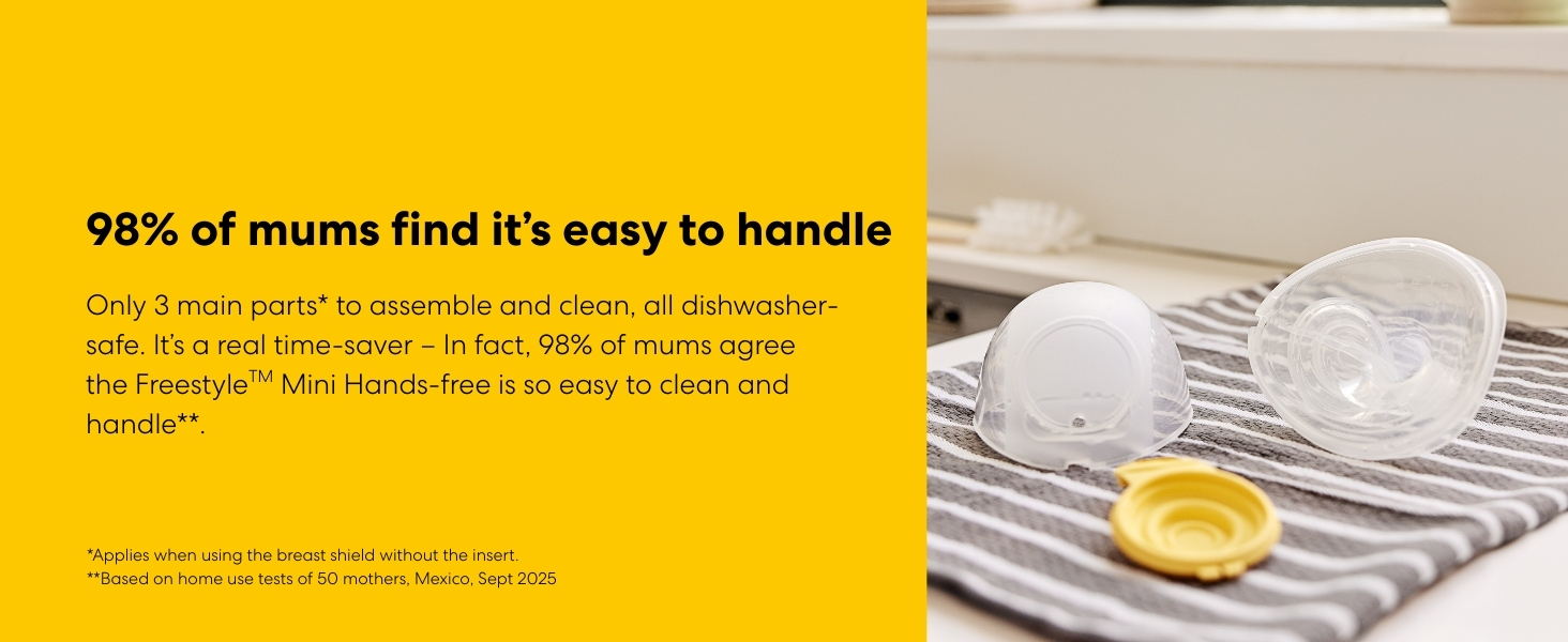 Text reads '95% of mums find it's easy to handle' on yellow background with product usage demonstration.