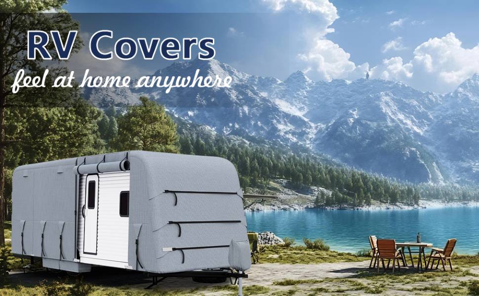 Text reads 'RV Covers' and 'feel at home anywhere'. Multiple images of RV covers protecting vehicles in scenic mountain and lakeside settings.