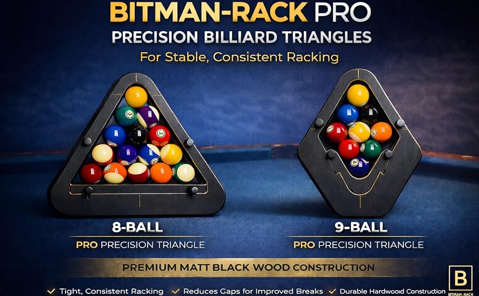 Text reads 'BITMAN-RACK PRO'. Product display showing pool or billiards ball racking system with different configurations and ball placements illustrated.