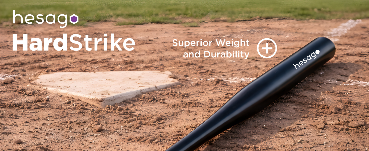 Text reads 'Image 7', 'hesago HardStrike', 'Superior Weight and Durability'. Baseball bat or similar sports equipment shown on dirt surface.