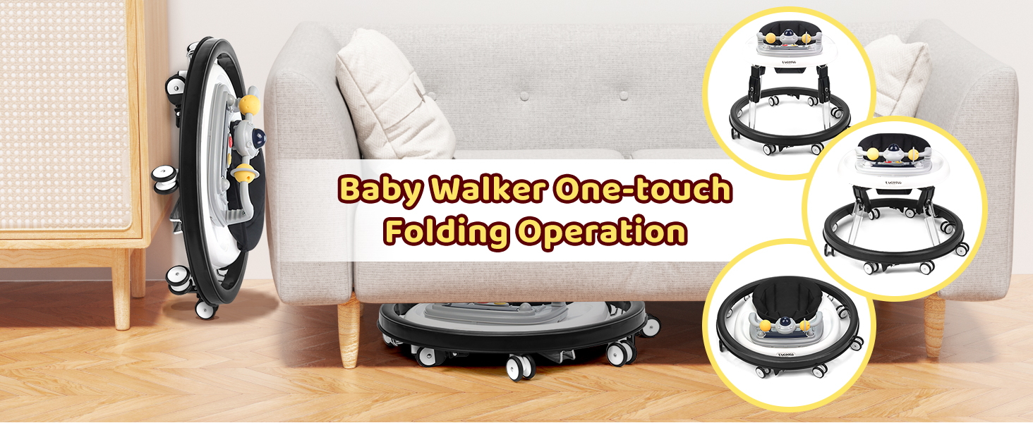 Text reads 'Music Toy Tray', 'Music Switch Key', 'Flashing Light', 'Rotating Moon & Planet'. Image shows white and blue baby activity tray with interactive features including musical functions, lights, and rotating celestial elements.