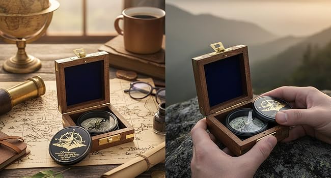 Text reads 'THE PERFECT GIFT FOR THE EXPLORER IN LIFE' and 'Engraved with love, built for discovery'. Wooden box with compass and vintage-style exploration items displayed on wooden surface.