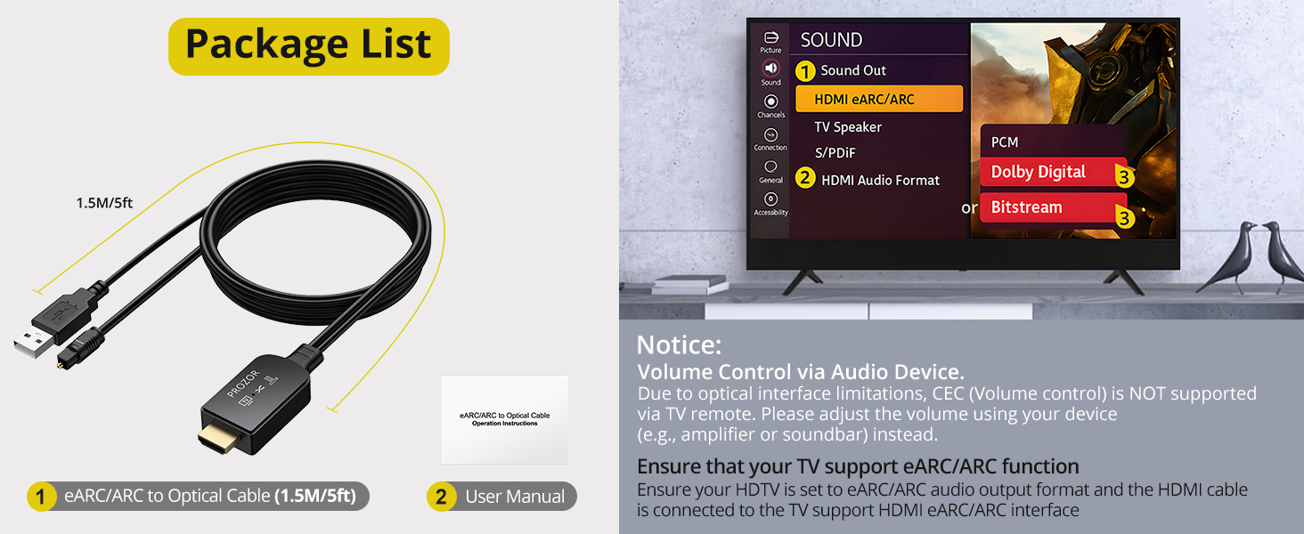 Text reads 'Package List'. Product documentation showing black cable accessory with USB connector and technical specifications on display screen.