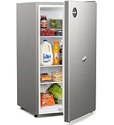 Gray compact refrigerator with white interior, open doors revealing beverage bottles, food items, and fresh produce including lettuce on shelves.