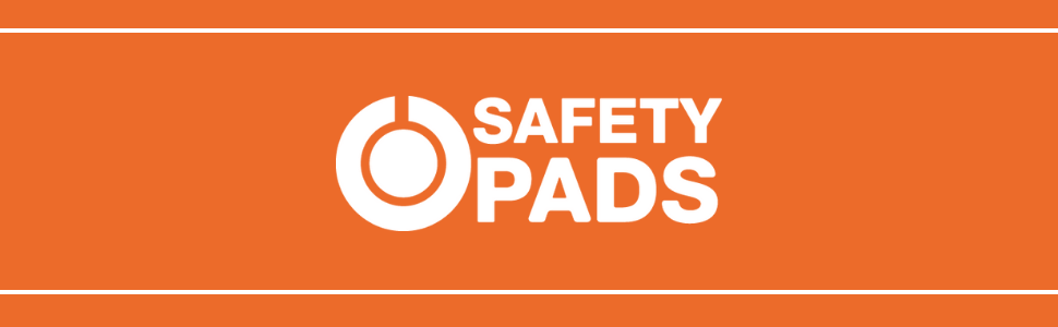 Text reads 'PADS' and 'SAFETY'. Multiple views of someone wearing protective wrist or hand pads while using computer keyboard.