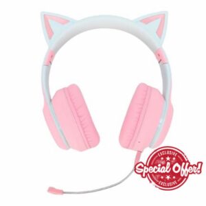 Bluetooth 5.3 Cute Ear Wireless Gaming Headset with LED Light for Immersive Experience Compatible with Teens and Adults ABS Black (Pinkish)