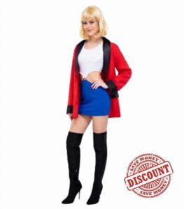 90s Hollywood Pretty Woman Fancy Dress Costume Set – Blue & White Dress with Red Jacket