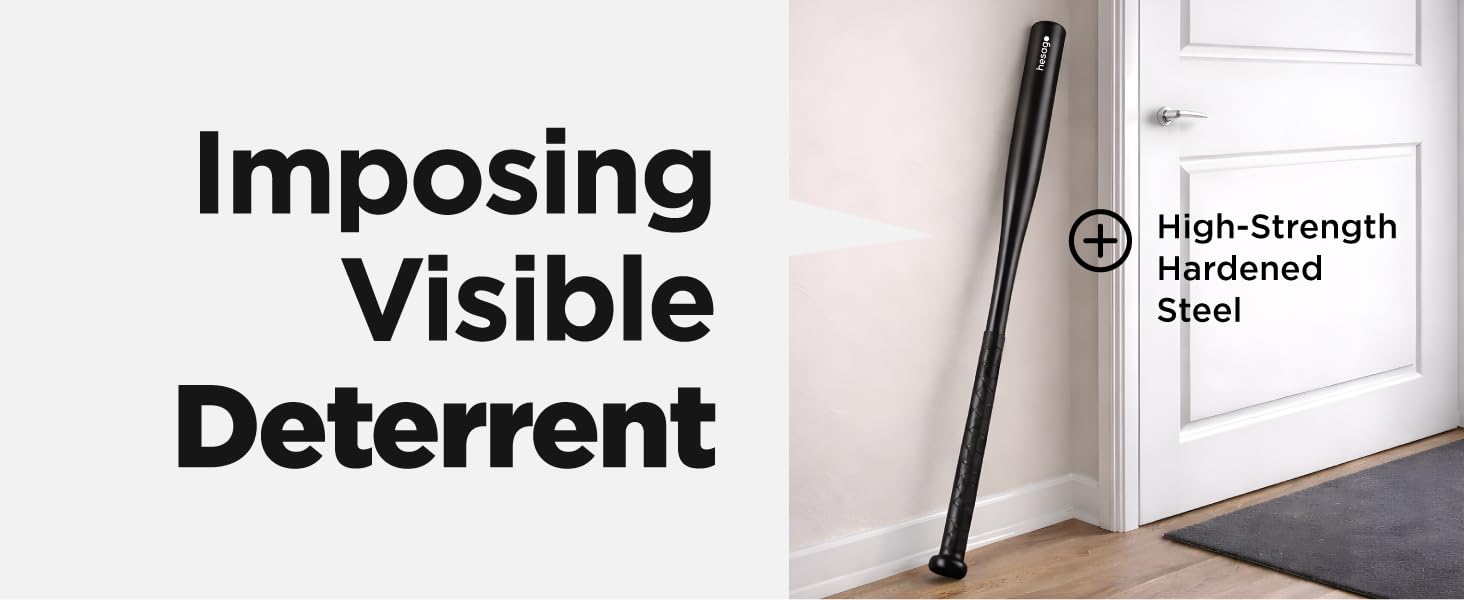 Text reads: 'Imposing Visible Deterrent High-Strength Hardened Steel'. Multiple product views of black security hardware components.
