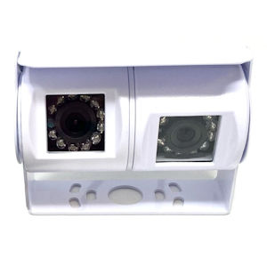 White dual-camera security or monitoring device with two separate camera lenses mounted in a rectangular housing unit.