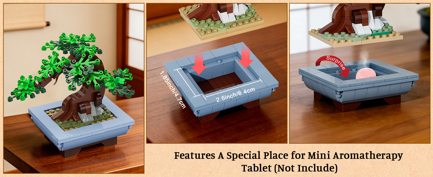 Text reads 'Features a Special Place for Anti-Aromatherapy Tablets (Not Included).' Three product views showing blue and red containers with decorative plant, alongside white dispenser unit.