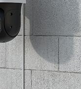 Partial view of a circular black device with six visible sensors or lenses, embedded in a concrete or stone wall next to foliage.