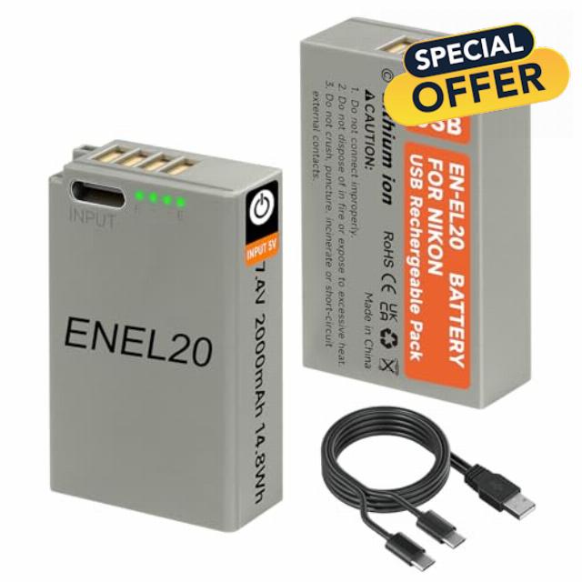 2Pcs EN-EL20 EN-EL20a Battery with LED and USB-C charging cable for Nikon Coolpix P1100