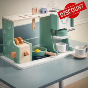 Wooden Coffee Machine Toy Kitchen Playset for Kids – Pretend Play Coffee Maker with Frying Pan
