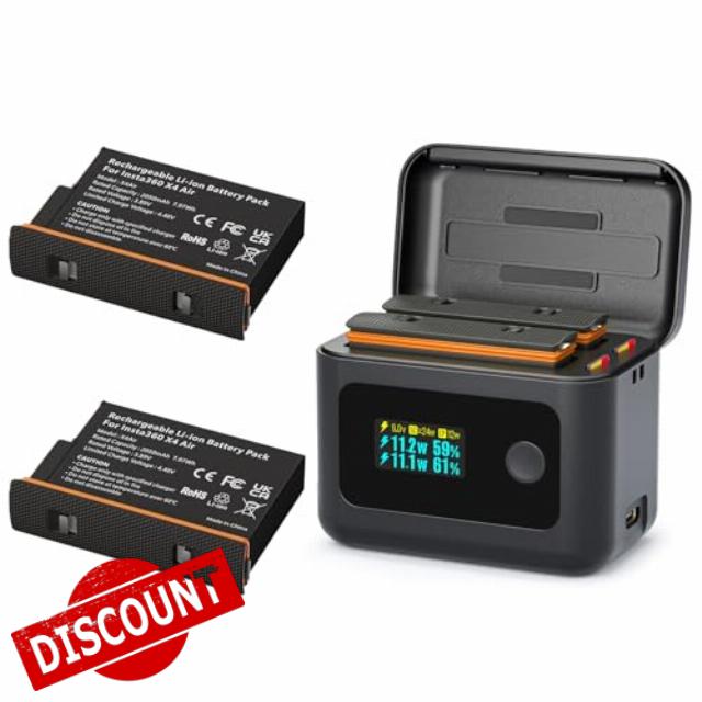 Treeboy Insta 360 X4 Air Batteries (2 Packs) with Fast Charge Hub 24 W Dual Fast Charging Case with LCD Display Shows Battery SOC